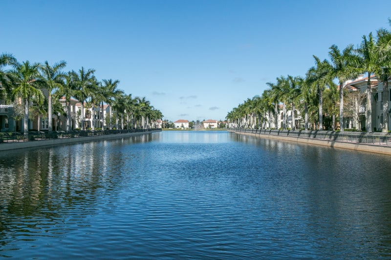 buildings in the distance pool of water with palm trees on either side